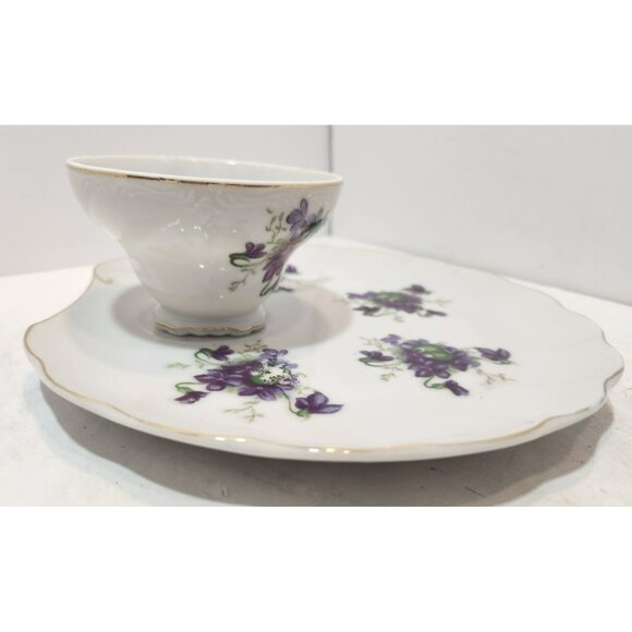 4 Mid Century Modern Shell Shaped Violets Bone China Luncheon Plates And Teacups - Picture 3 of 11